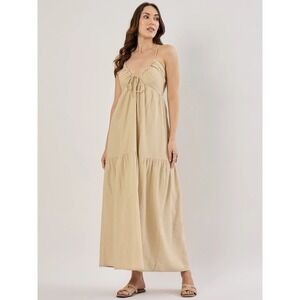 SIM & SAM‎ Tan Linen Blend Tiered Maxi Sundress Tie Front Spaghetti Straps Small